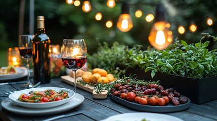 Romantic Outdoor Dinner with Wine and String Lights
