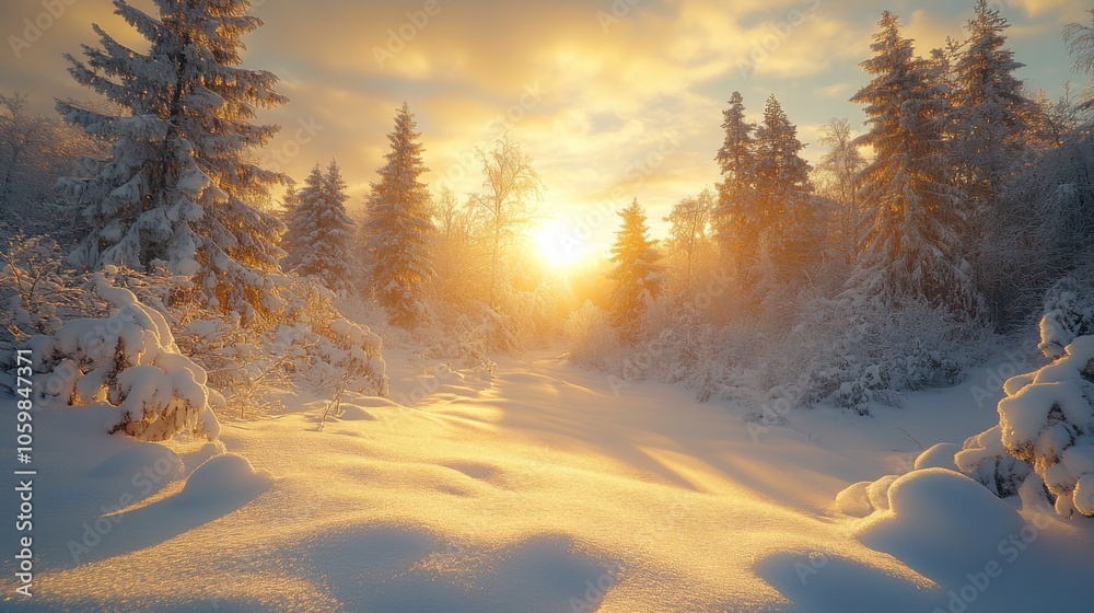 Aufkleber The sun rises over a snowy landscape, illuminating a peaceful forest with trees covered in frost. A gentle path leads through the pristine snow, creating a tranquil atmosphere.