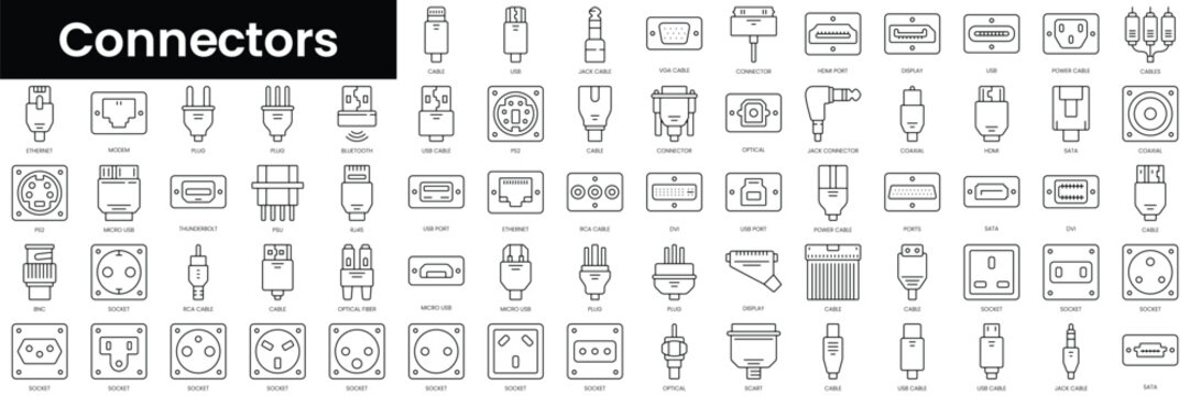 Set of outline connectors icons. Minimalist thin linear web icon set. vector illustration.