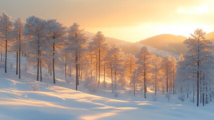 Fototapeta premium A serene winter morning reveals a landscape filled with snow-covered trees, glowing softly as the sun rises over distant mountains, creating a peaceful ambiance.