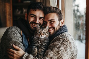 A loving homosexual couple joyfully embraces their playful cat at home during a cozy winter afternoon