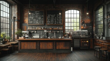 Industrial style coffee shop interior with exposed brick walls, large windows, wooden bar and a chalkboard menu.