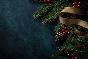 Elegant holiday composition with pine branches, cone, red berries, and a golden ribbon on a dark textured background.