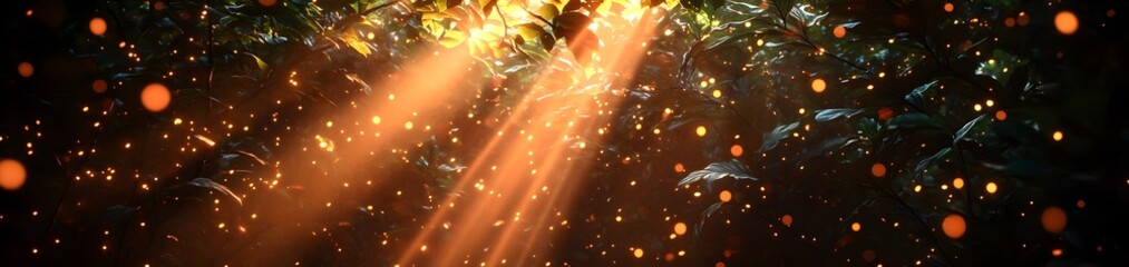 Sunlight streaming through a forest, creating a magical atmosphere with floating particles.