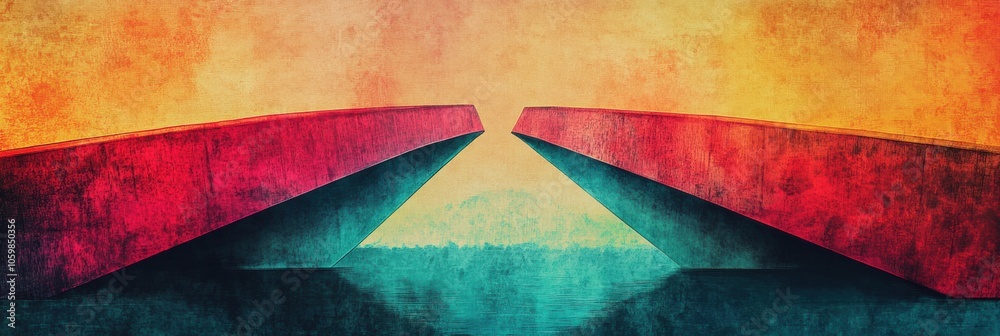 Poster a colorful abstract representation of a bridge stands against a dramatic sunset, visually connecting