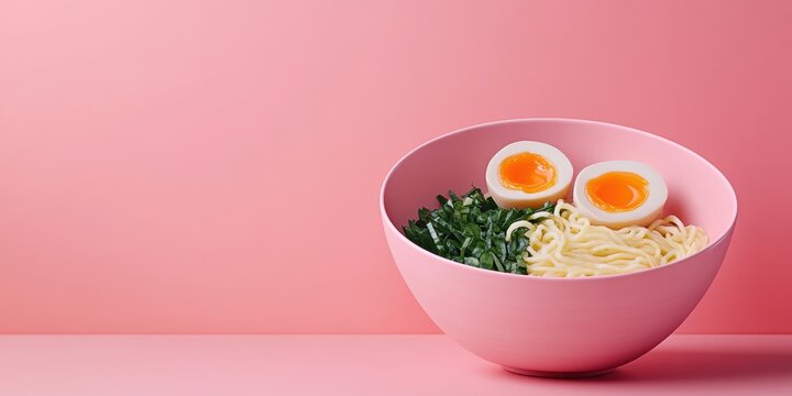 a bowl of noodles with an egg and spinen