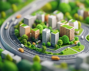 Miniature urban landscape with green buildings and curved roads.