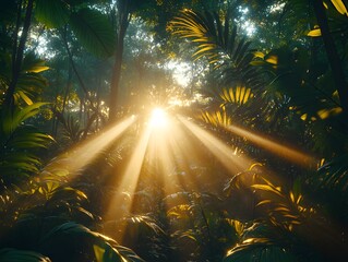 Obraz premium Sunlight streams through dense jungle foliage, creating a serene and enchanting atmosphere.