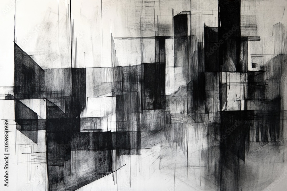 Leinwandbilder a dynamic abstract representation of an urban landscape created with black ink, showcasing various g