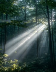 Obraz premium Sunlight streams through trees in a serene forest, creating a tranquil atmosphere.