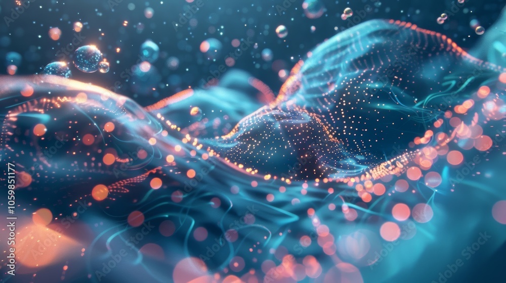 Poster abstract futuristic background with flowing particles and bokeh effect representing digital data, ne