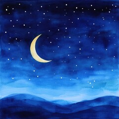 Naklejka premium Serene watercolor painting of a crescent moon set against a starry night sky creating a calming and ethereal atmosphere of tranquility and beauty