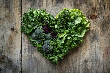 A heart shape made of fresh green vegetables. This image symbolizes health and wellness. Perfect for blogs and articles about nutrition and healthy living. Generative AI