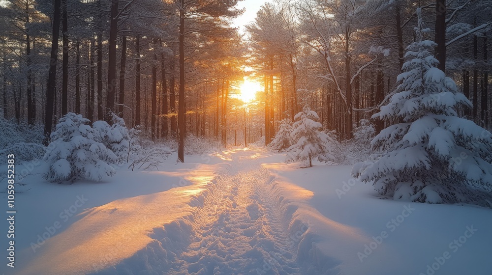 Poster A tranquil winter landscape featuring a snow-covered path winding through a dense forest. The sun sets, casting a warm golden glow through the trees, creating a peaceful atmosphere.