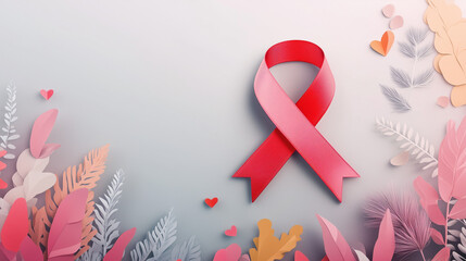 AIDS awareness banner with red ribbon graphic,soft gradient background in light gray, modern typography for a clear and compassionate message 