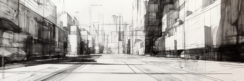 Poster The drawing illustrates a detailed urban landscape with sharp lines, capturing an empty street in a city environment during early evening. Generative AI