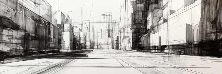 Obraz premium The drawing illustrates a detailed urban landscape with sharp lines, capturing an empty street in a city environment during early evening. Generative AI