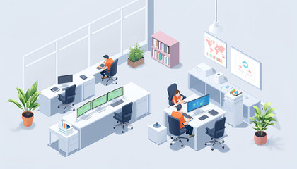 Isometric illustration of a modern office workspace with desks, computers, and team collaboration.