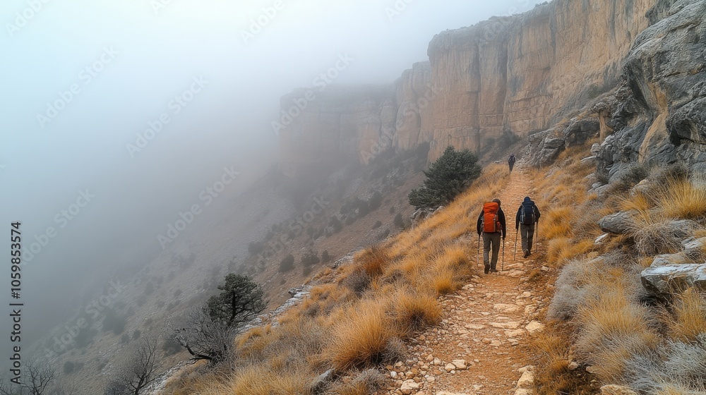 Poster two hikers trek down a rocky trail surrounded by dense fog, with steep cliffs and sparse vegetation 