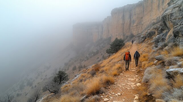 Two hikers trek down a rocky trail surrounded by dense fog, with steep cliffs and sparse vegetation visible around them. The early morning atmosphere adds a mystical feel. - Powered by Adobe