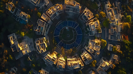 Fototapeta premium Aerial View of a Circular Building Complex with Trees