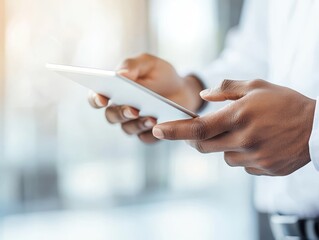 A businessman using a digital tablet while standing in a modern office environment. The focus is on hands holding the tablet, showcasing technology in a professional setting.
