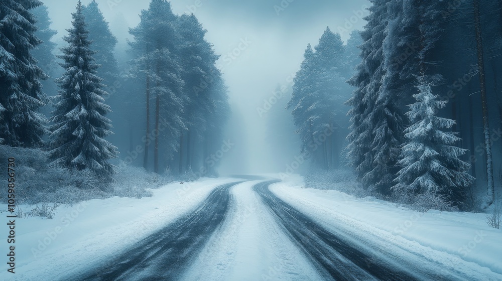 Aufkleber the snow-covered road winds through a quiet forest, flanked by tall, frosted trees. the early mornin
