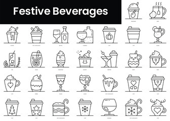 Set of outline festive beverages icons. Minimalist thin linear web icons bundle. vector illustration.