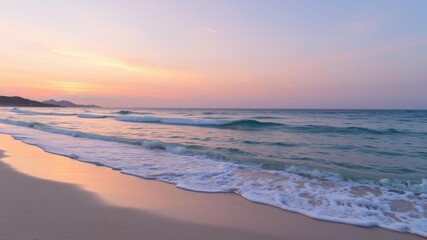 Obraz premium A mesmerizing photo of crystal clear turquoise waters stretching out into the horizon, with gentle waves crashing on the shore and the sun setting in the distance, scenery, tropical