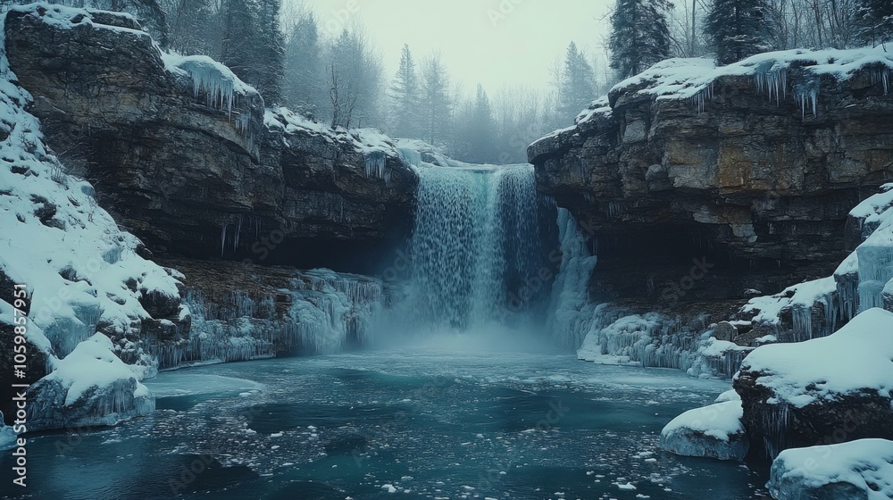 Poster a breathtaking waterfall pours down from rugged cliffs, surrounded by snow-covered rocks and evergre