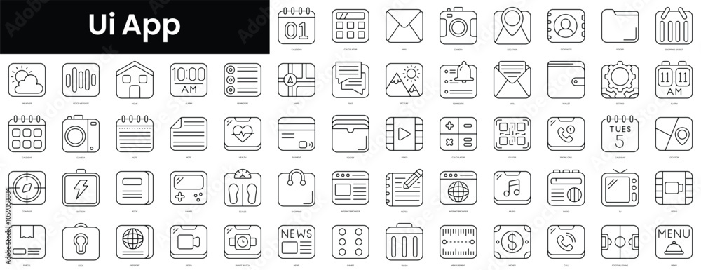 Poster set of outline ui app icons. minimalist thin linear web icons bundle. vector illustration.
