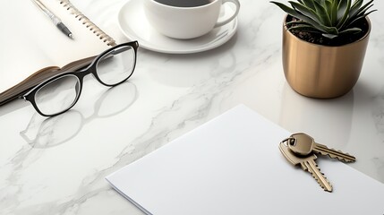 Approved mortgage papers and house keys on white desk, real estate finance theme, isolated