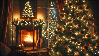 Obraz premium A Christmas tree reflected in the window, with a warm fire burning in the background.