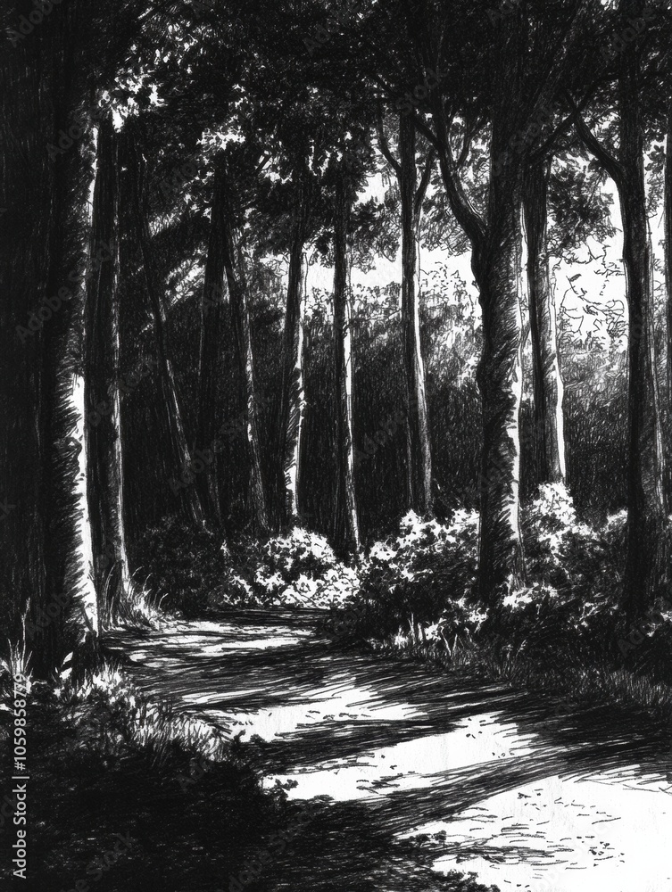 Poster the artwork features a detailed black ink sketch of a dense forest, highlighting intricate tree desi