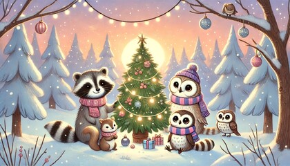 Naklejka premium Heartwarming Gathering of Woodland Animals Around a Christmas Tree in a Cozy Snowy Forest at Sunset