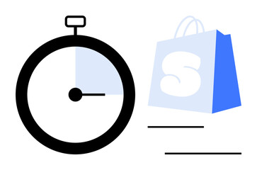 Analog timer and blue shopping bag with text in a minimal style Ideal for, e-commerce delivery speed online shopping efficiency logistics time management and fast transactions