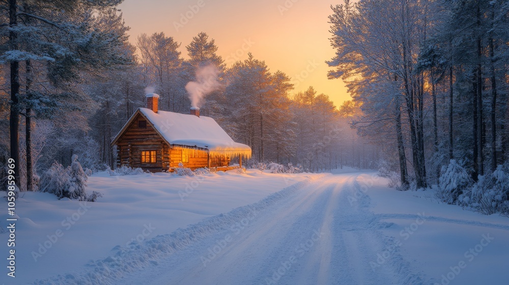 Poster a rustic cabin glows warmly at dawn, nestled in a snowy landscape. trees adorned with frost surround