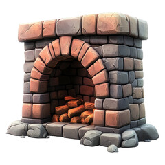 Rustic Stone Fireplace with Logs on Transparent Background