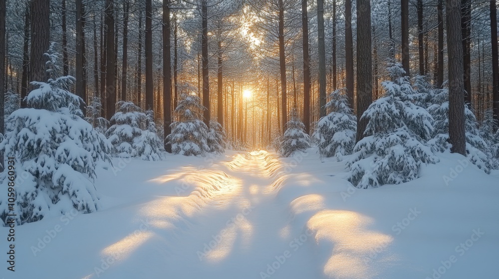 Aufkleber Sunlight filters through tall trees in a snow-covered forest, casting warm light on the white ground, creating a peaceful winter ambiance during late afternoon.