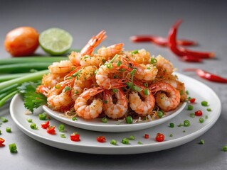 Crispy Salt and Pepper Shrimp on White Plate with Light Garnish on Bright Background