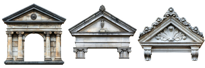 Fototapeta premium Ornamental Pediment on Building Sculpted Details Isolated on White and Transparent Background