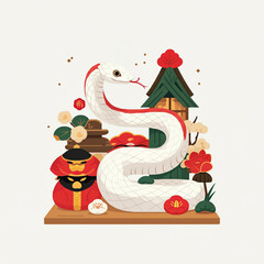 Naklejka premium 縁起ものの新年物語