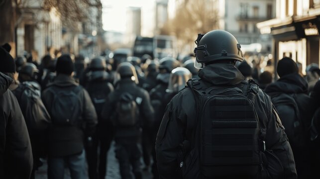 Police crs and shields confront protesters in a display of law enforcement tactics and tension