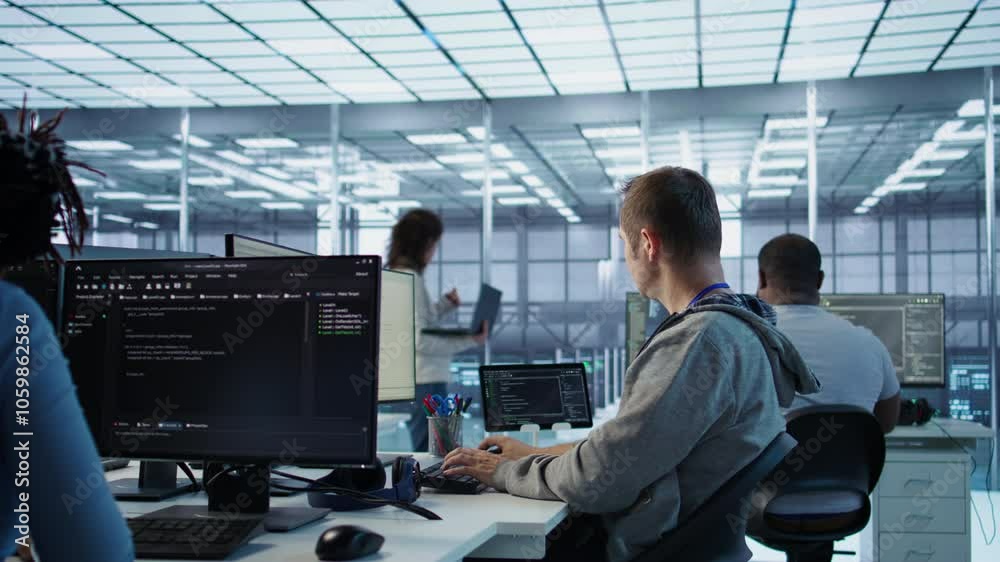 Poster manager admonishing programmer after making error damaging high tech data center. supervisor scoldin