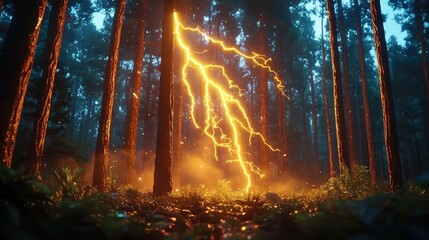 Electrifying thunderstorm illuminates a dark forest with striking lightning bolts