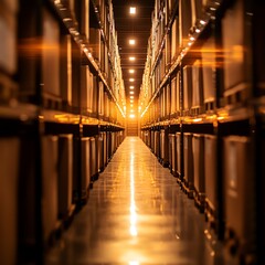 Obraz premium Aisle of storage units illuminated with warm light in a warehouse.