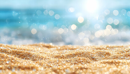 Exotic beach in morning sun, sand and sea bokeh, copy space.