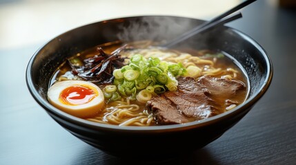 Steaming Bowl of Japanese Ramen with Chashu, Egg, and Rich Broth
