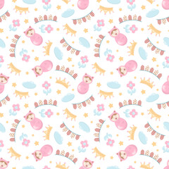 Children's seamless pattern with crown, bunting, sleeping baby, flower, cloud and stars.  Ideal for baby clothes, textiles, packaging, web backgrounds, fabrics, wrapping paper, decoration