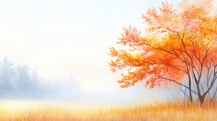 serene autumn landscape featuring vibrant orange tree amidst misty field and soft background. warm colors evoke sense of tranquility and beauty